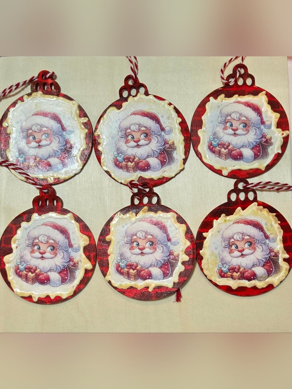🎅 Set of 6 Handmade Vintage Santa Ornaments - 3" Wooden Discs w/ Antiqued Snow!